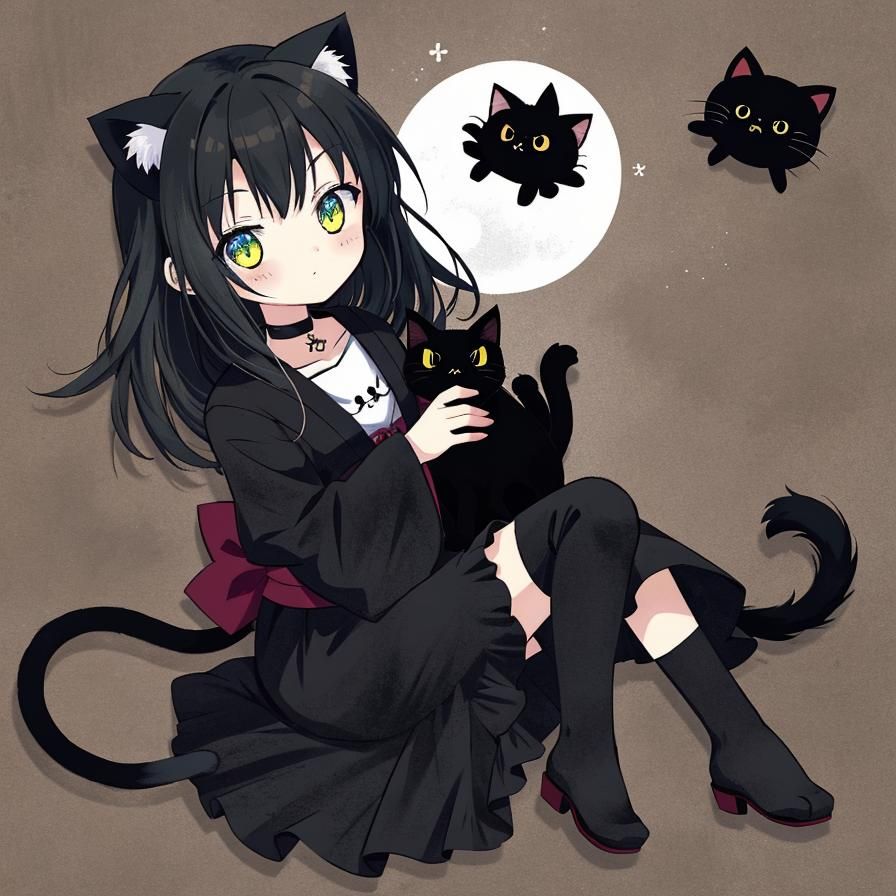 Cute gothic neko girl with her black cat companion