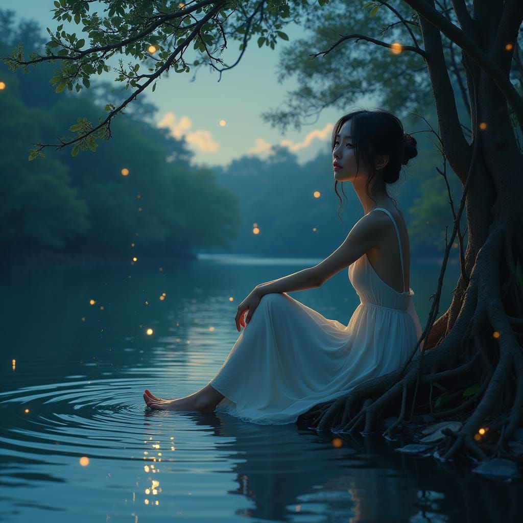 Twilight Lagoon Scene with Serene Woman