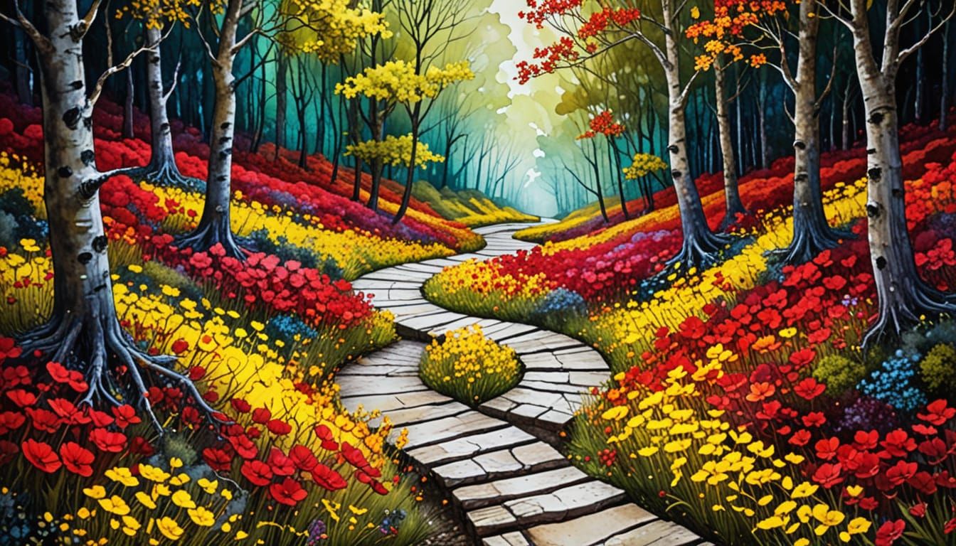 Winding Forest Path with Vibrant Flowers in Alcohol Ink Styl...