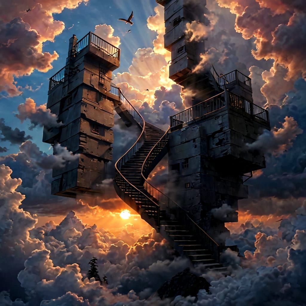 Broken Stairway to Clouds at Sunset