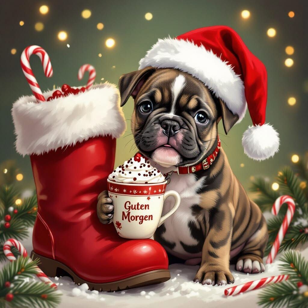 French Bulldog Puppy in Santa Hat with Coffee