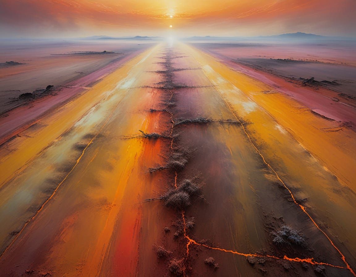 Alien in Desolate Landscape, Aerial View Color Field Paintin...