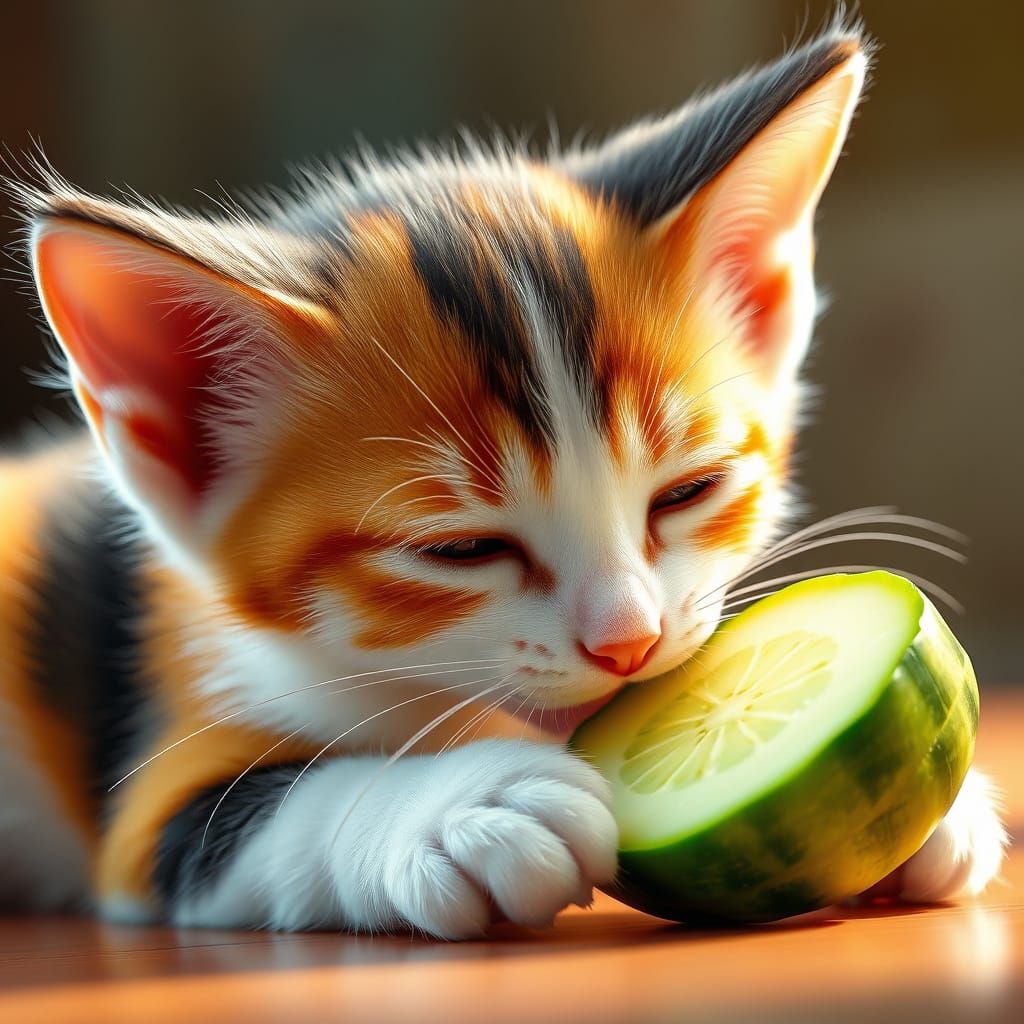 Realistic Calico Kitten Eats Cucumber in 3D Anime Style