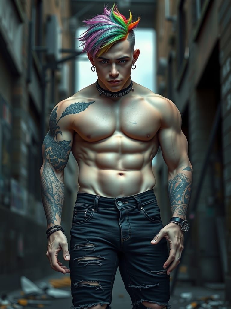 Muscular Emo Punk with Rainbow Hair in Urban Setting