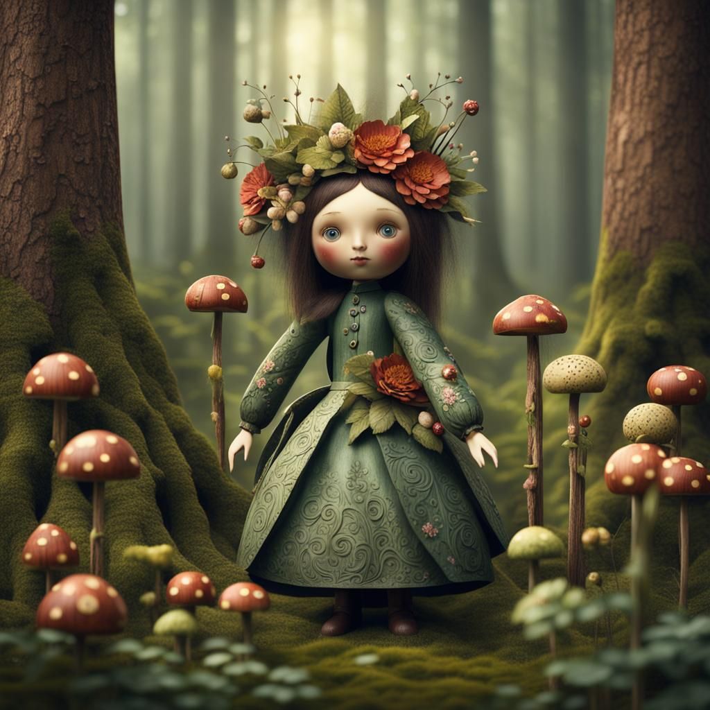 Whimsical Wooden Doll in Forest: Matte Painting