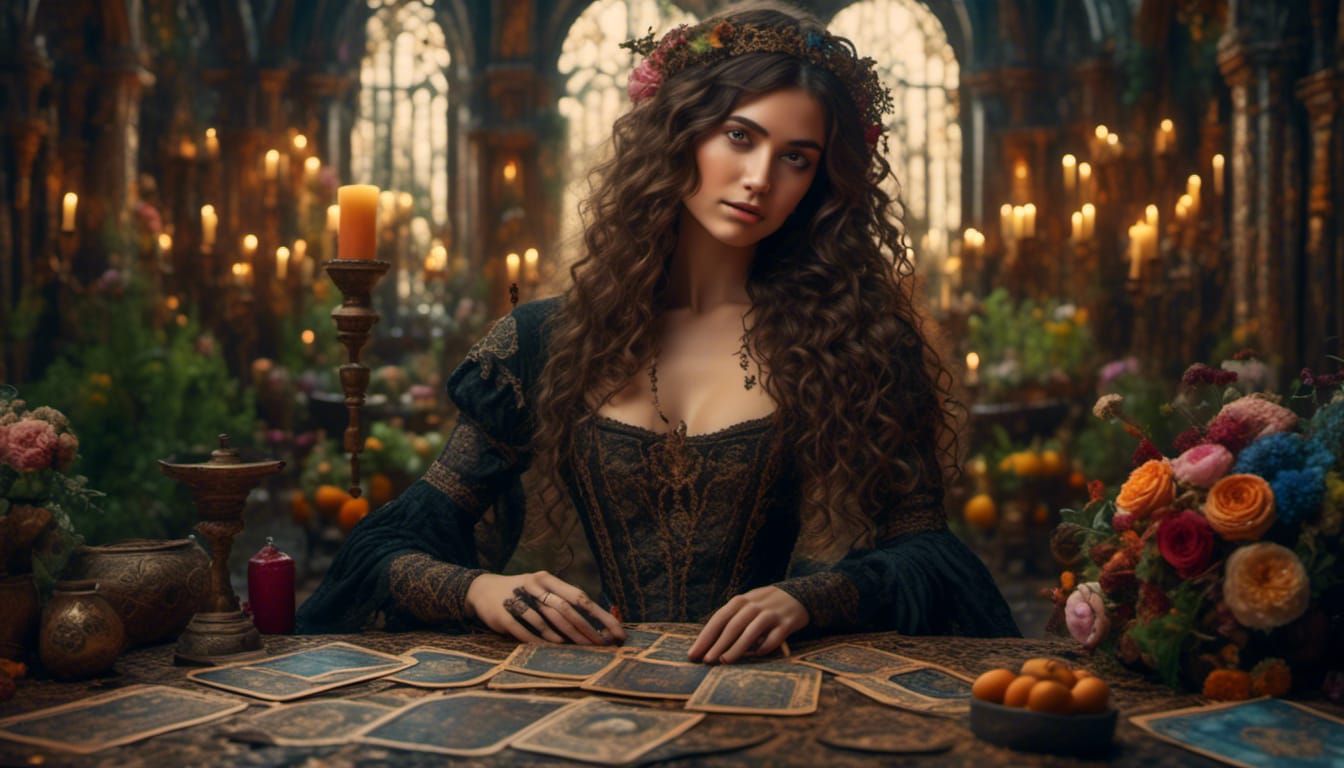 Gypsy Seer Reading Tarot Cards in Garden