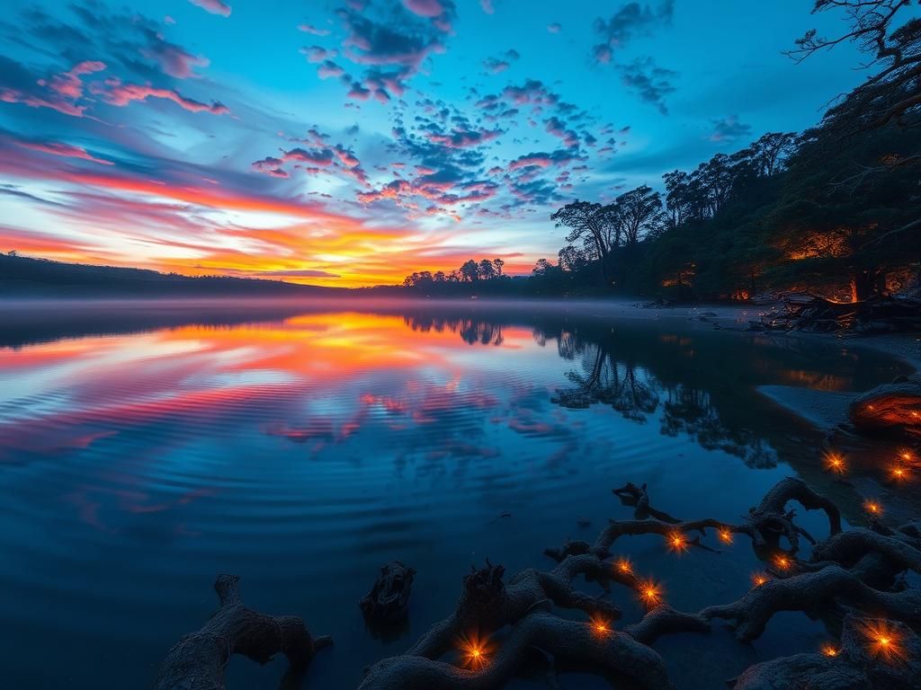 Mystical Lake Reflects Whimsical Sky in Digital Painting