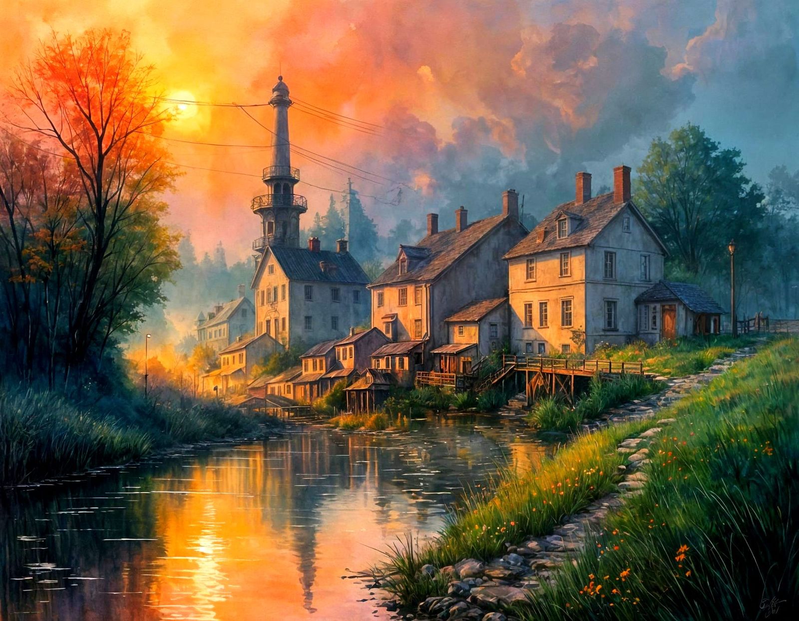 Nostalgic Village Houses at Sunrise in Red Landscape