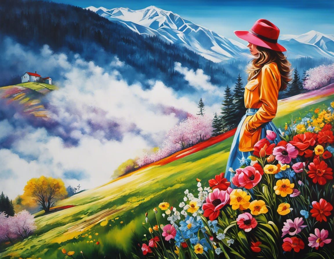 Colourfully dressed young woman looking over a misty valley landscape from a flower filled hill