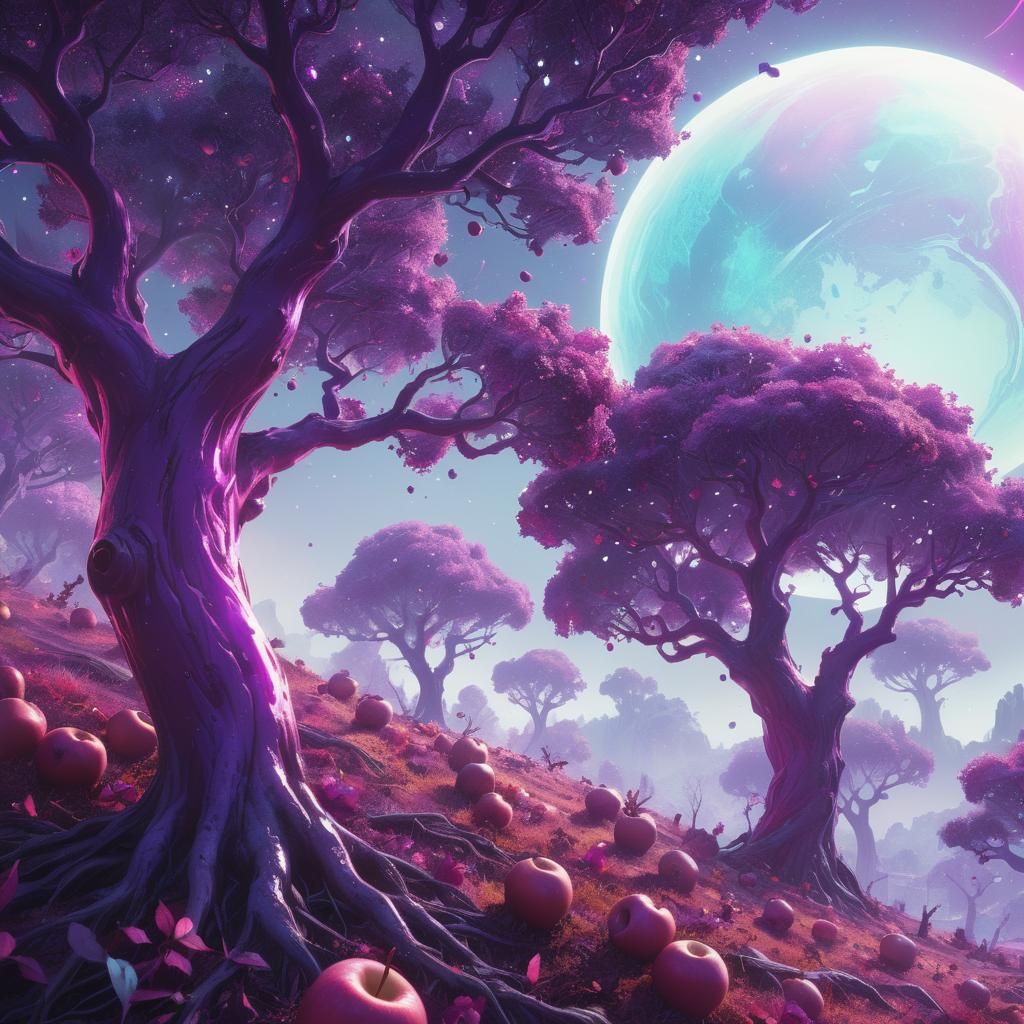 Purple Trees on Apple Planet in Cosmic Astral Style