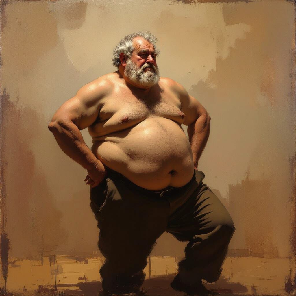 Impasto Oil Painting of Chubby Man in Dynamic Pose