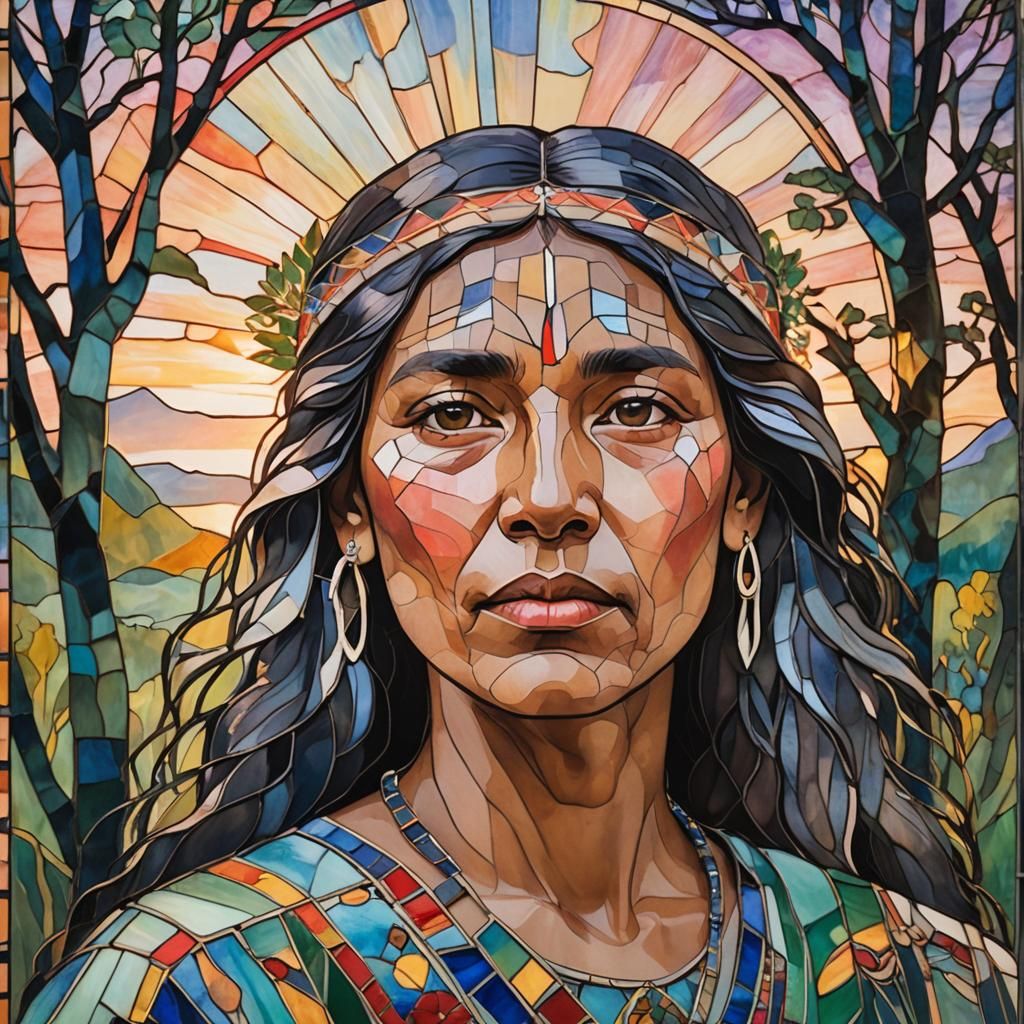 Native American Sunset Portrait in Neo-Impressionist Stained...