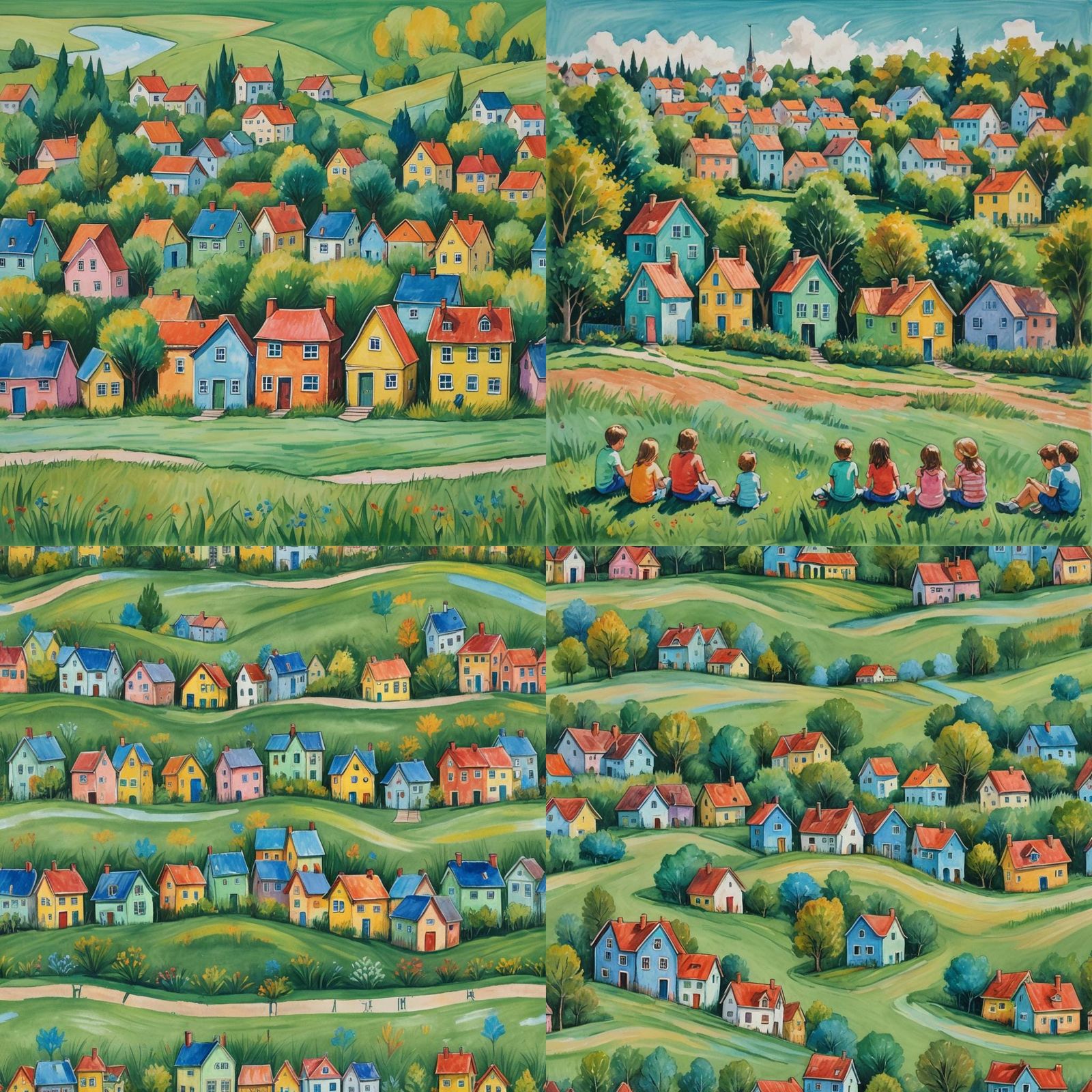Colorful Children's Drawing of Houses in Gouache Style