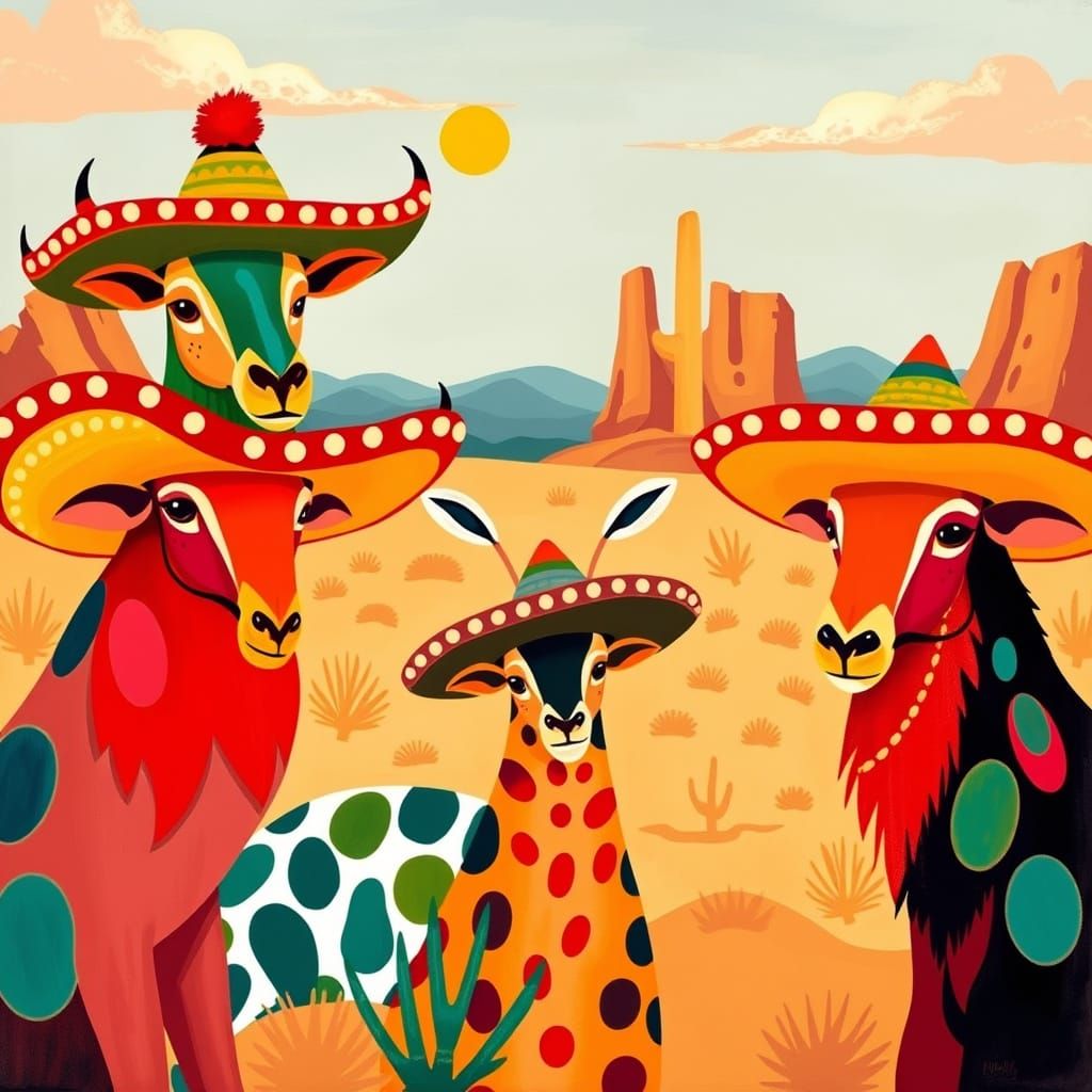 Animals in Sombreros: Modern Art Desert Scene