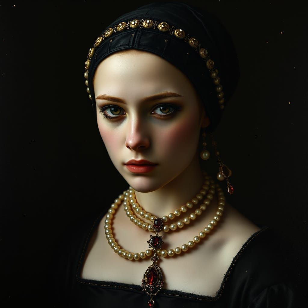 Elegant Tudor Woman in Gold-Flecked Darkness