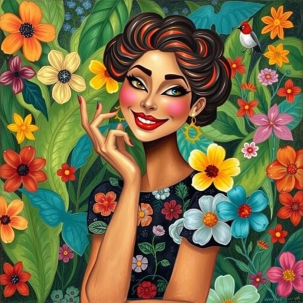 Whimsical Woman in Lush Garden, Picasso Cubism Style