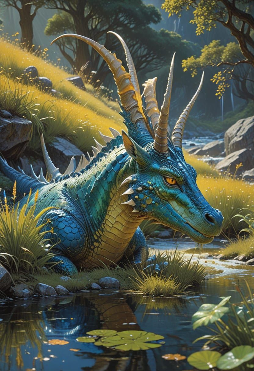 Dragon Soars Over Vibrant Meadow and Serene River