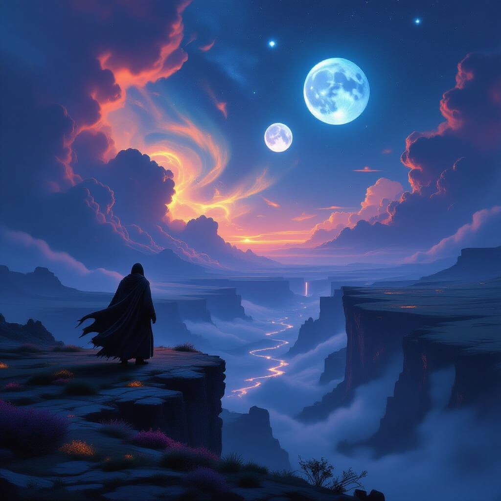 Lone Wanderer Gazes at Alien Sky on Cliff Edge
