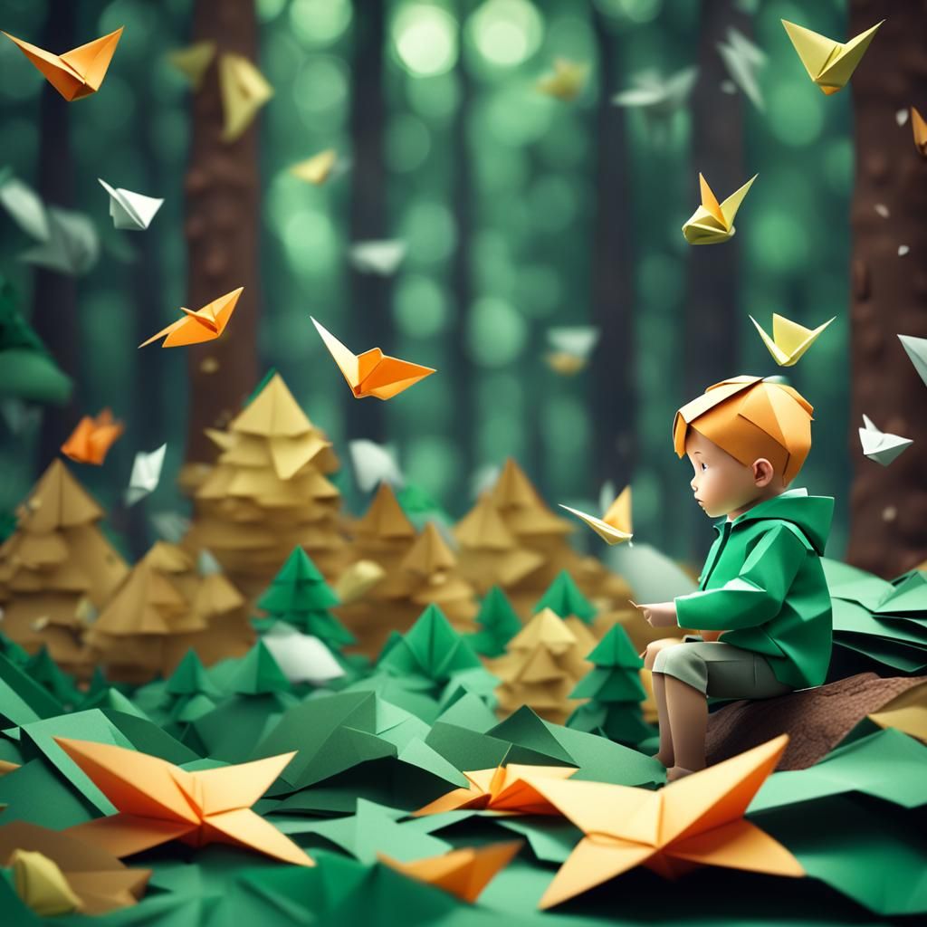 Child in Forest: Origami Papercraft Style