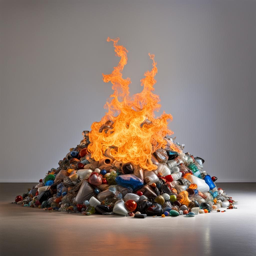 Blown Glass Sculpture: Burning Trash Art