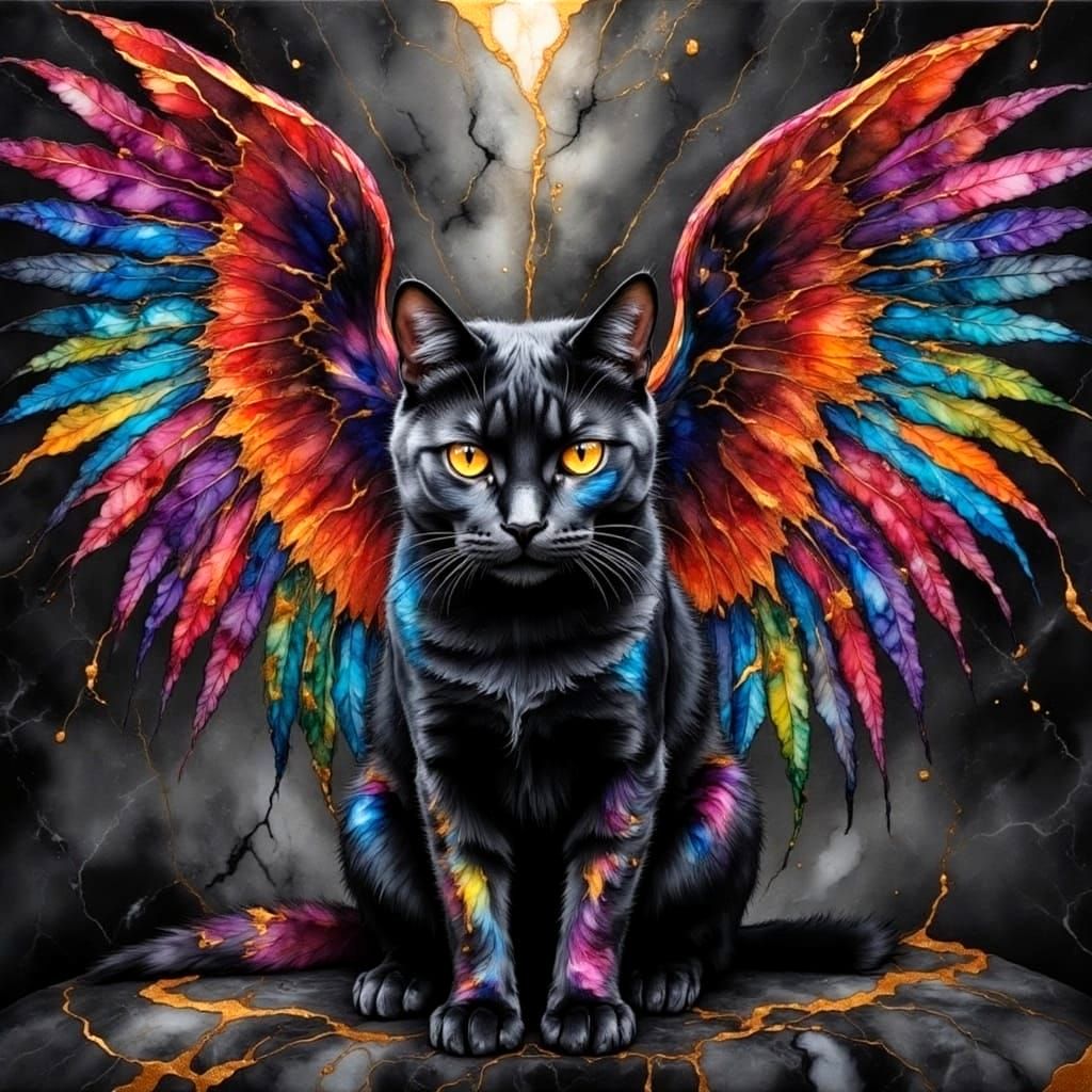 Gothic Cat with Rainbow Colors and Marble Background