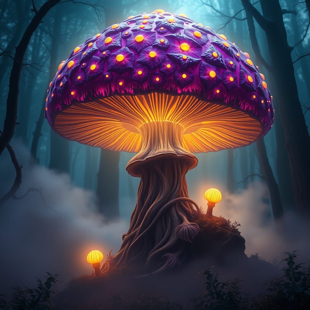 Majestic, Glowing Mushroom Rises from Mystical Forest