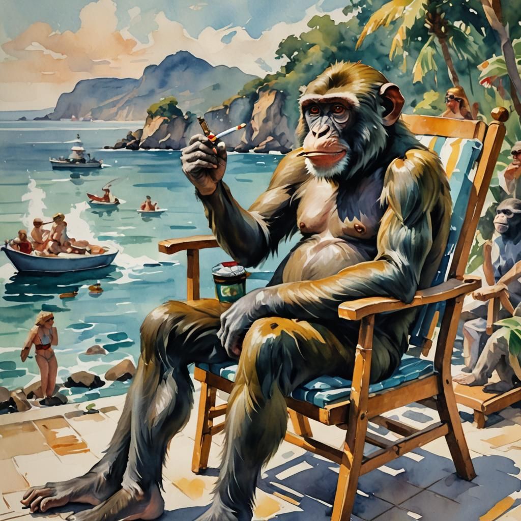 Monkey Smoking: Gouache Watercolor Impressionist Masterpiece