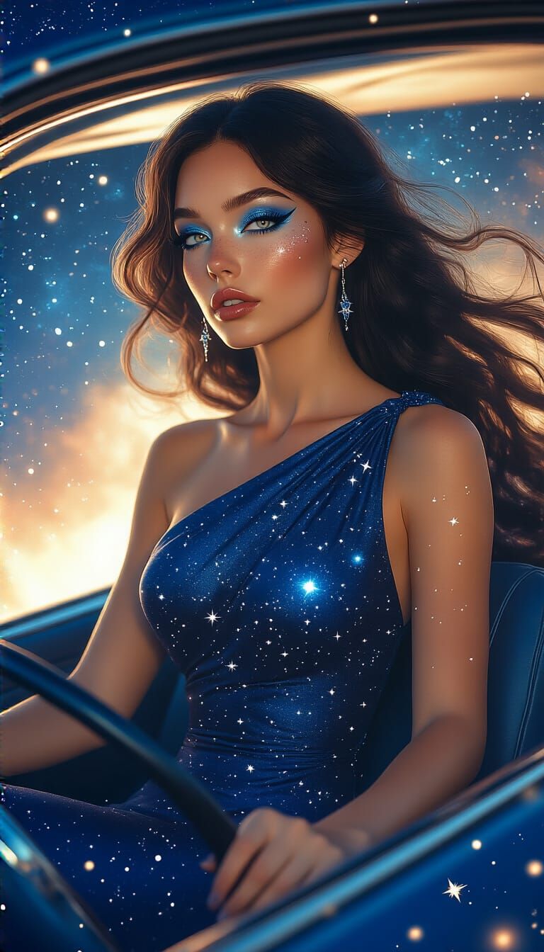 Goddess Drives Star Car in Dreamy Surreal Style
