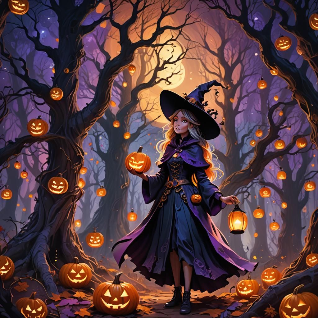 Mystical Witch in Enchanted Halloween Forest