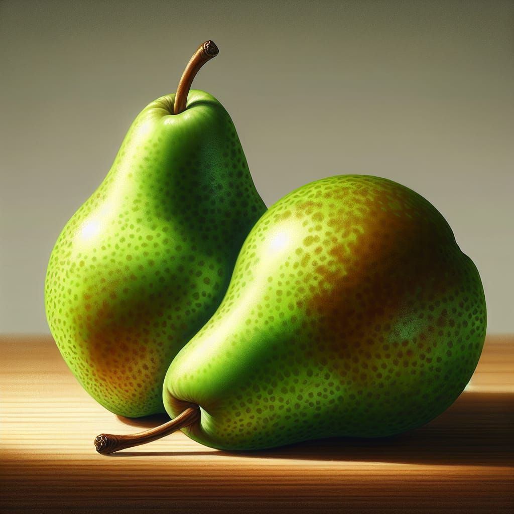 Two Vibrant Green Pears on Wooden Tabletop