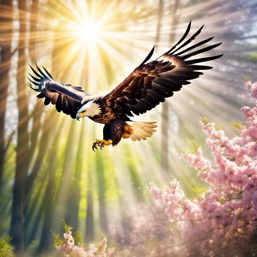 Eagle in Blossoming Forest with Divine Light