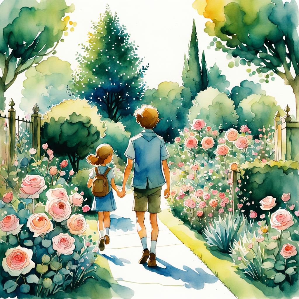 Children in Rose Garden, Watercolor and Ink