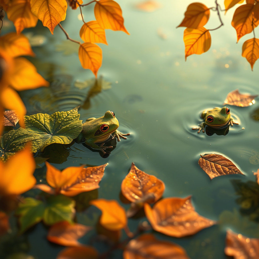 Emerald and Amber Leaves on Mossy Lake