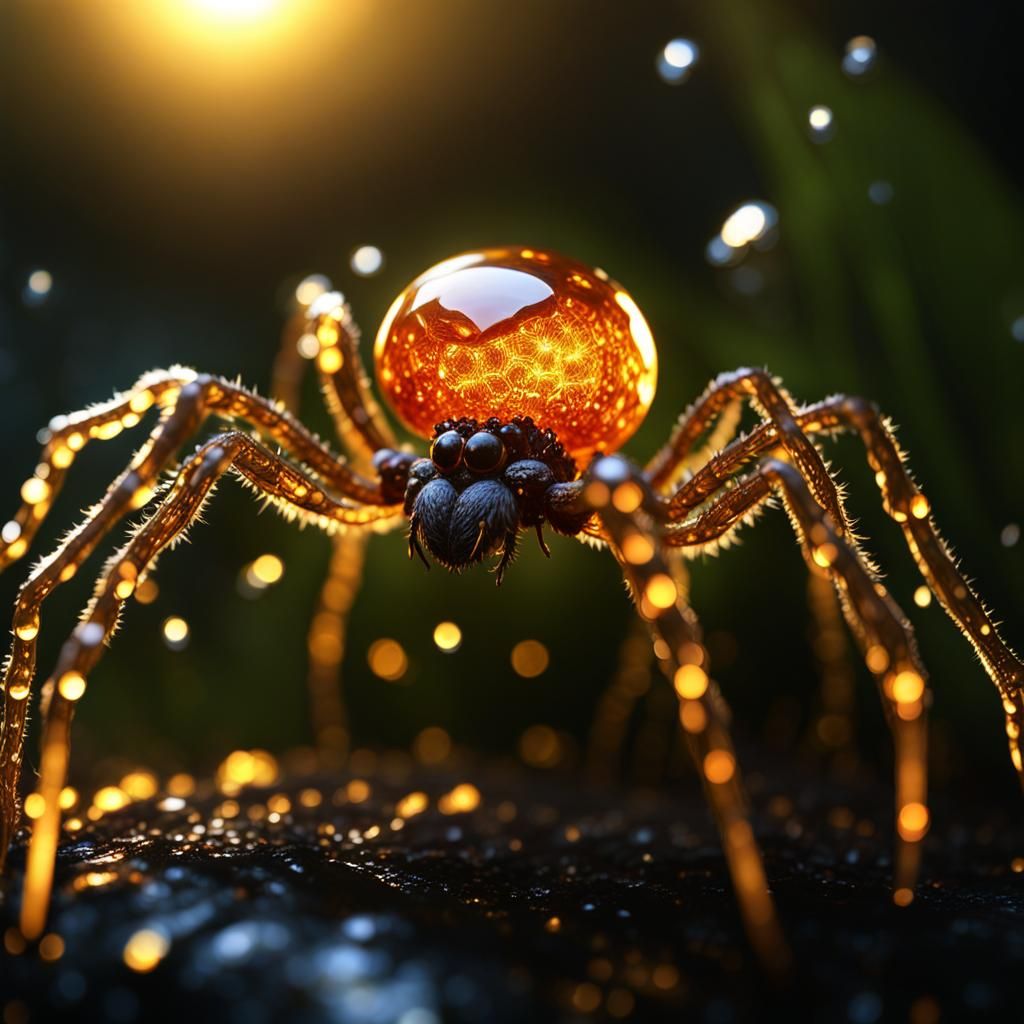 Glowing Amber Spider in Square Web with Dewdrops