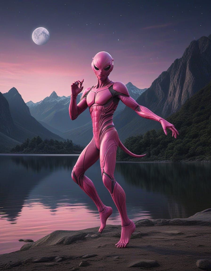 Pink Alien Spaceman Dances Under Moonlight in Serene Lake La...