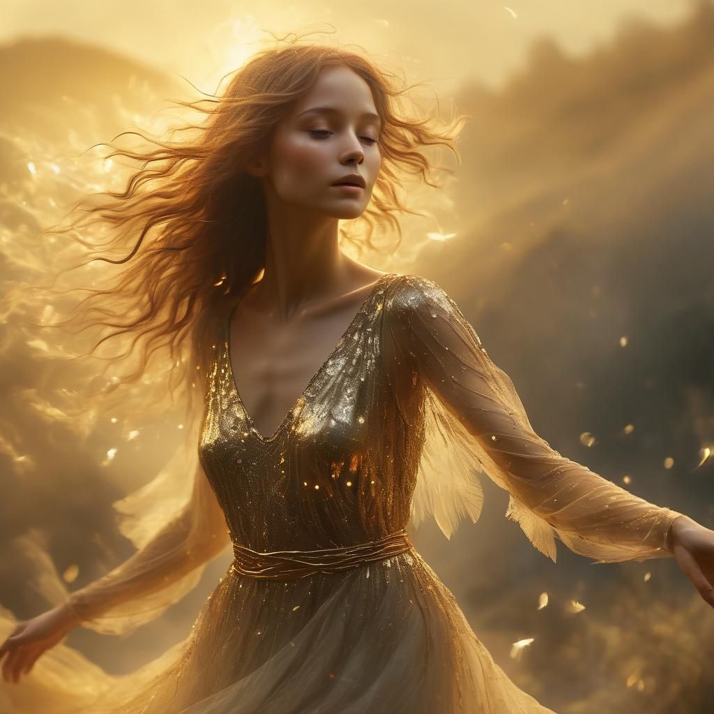 Ethereal Figure in Dreamlike Golden Landscape