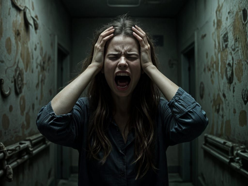 Disturbed Woman Screaming in Asylum with Chiaroscuro Lightin...