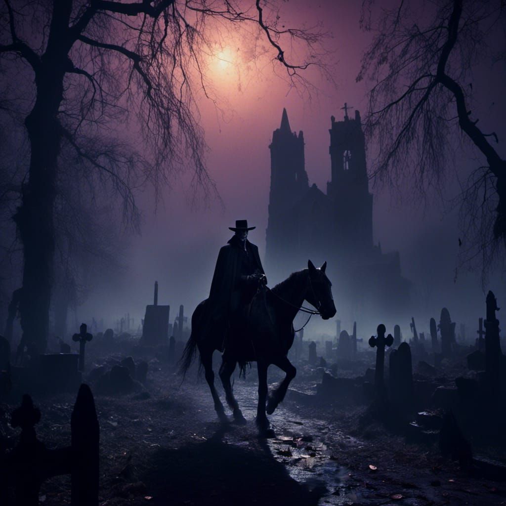 Gothic Cowboy Vampire Rides Through Misty Graveyard