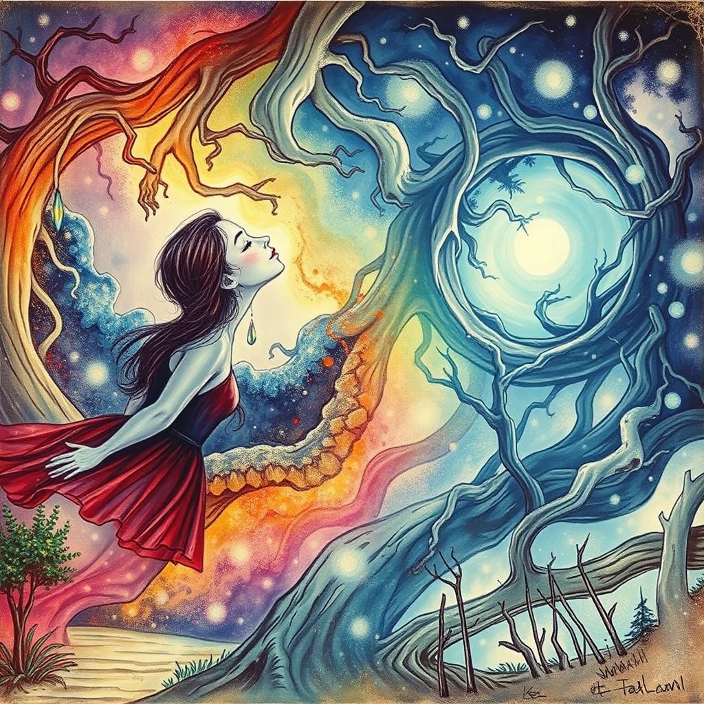 Woman in Moonlit Forest with Crystalline Tear