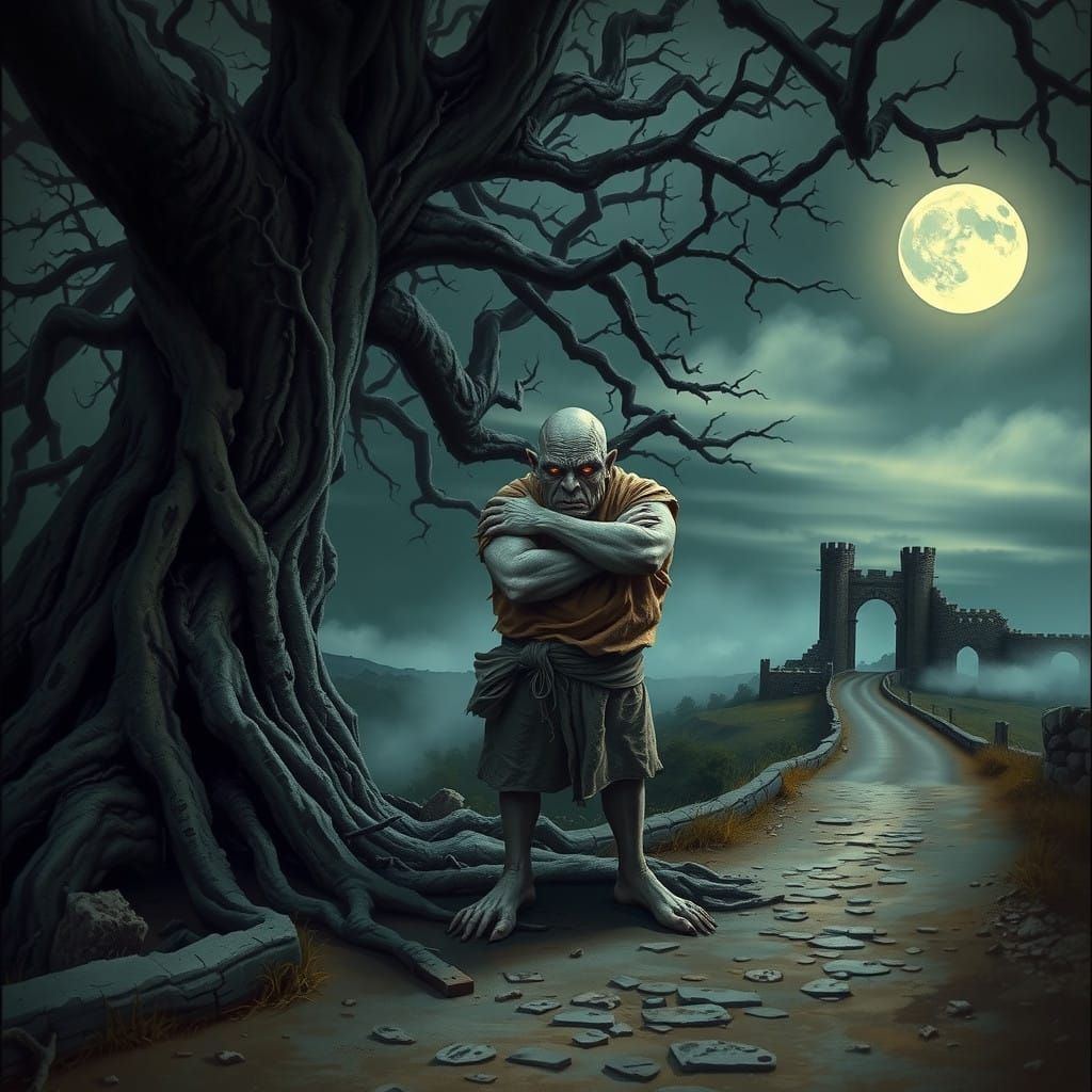 Dark Boggart Amidst Twisted Roots and Gnarled Trees