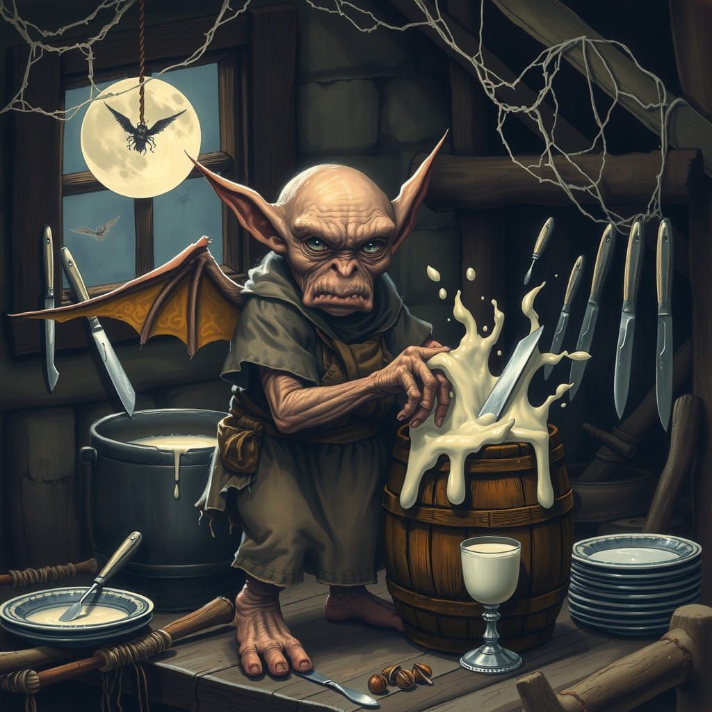 Mischievous Boggart Stirs Curdling Milk in Dark Cottage