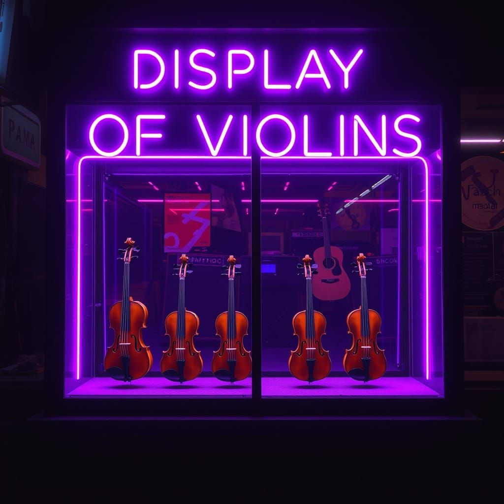 Music Shop's Moody Violin Display in Synthwave Style