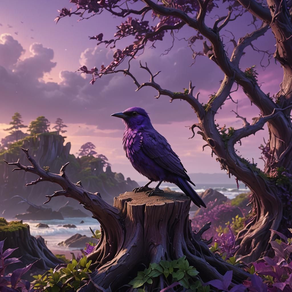 Purple Bird on Tree Stump: Fantasy Concept Art