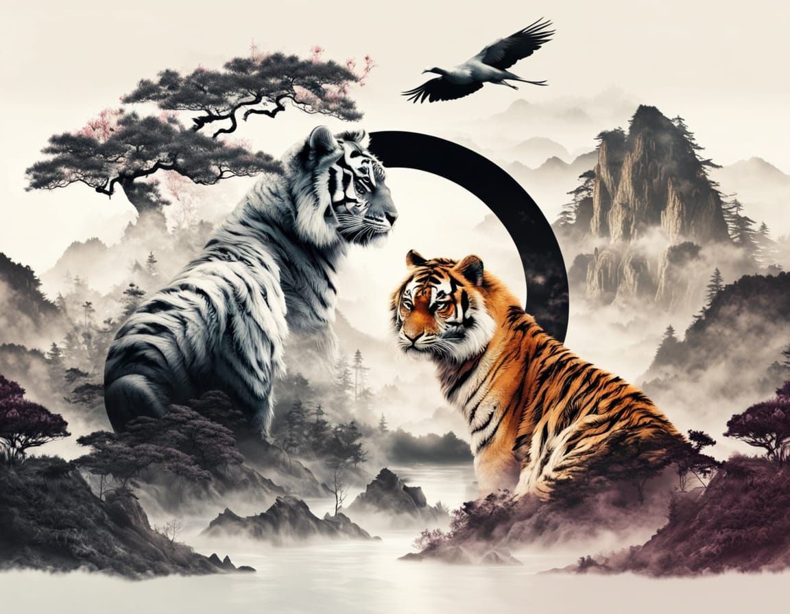 Yin Yang Crane and Tiger in Chinese Landscape