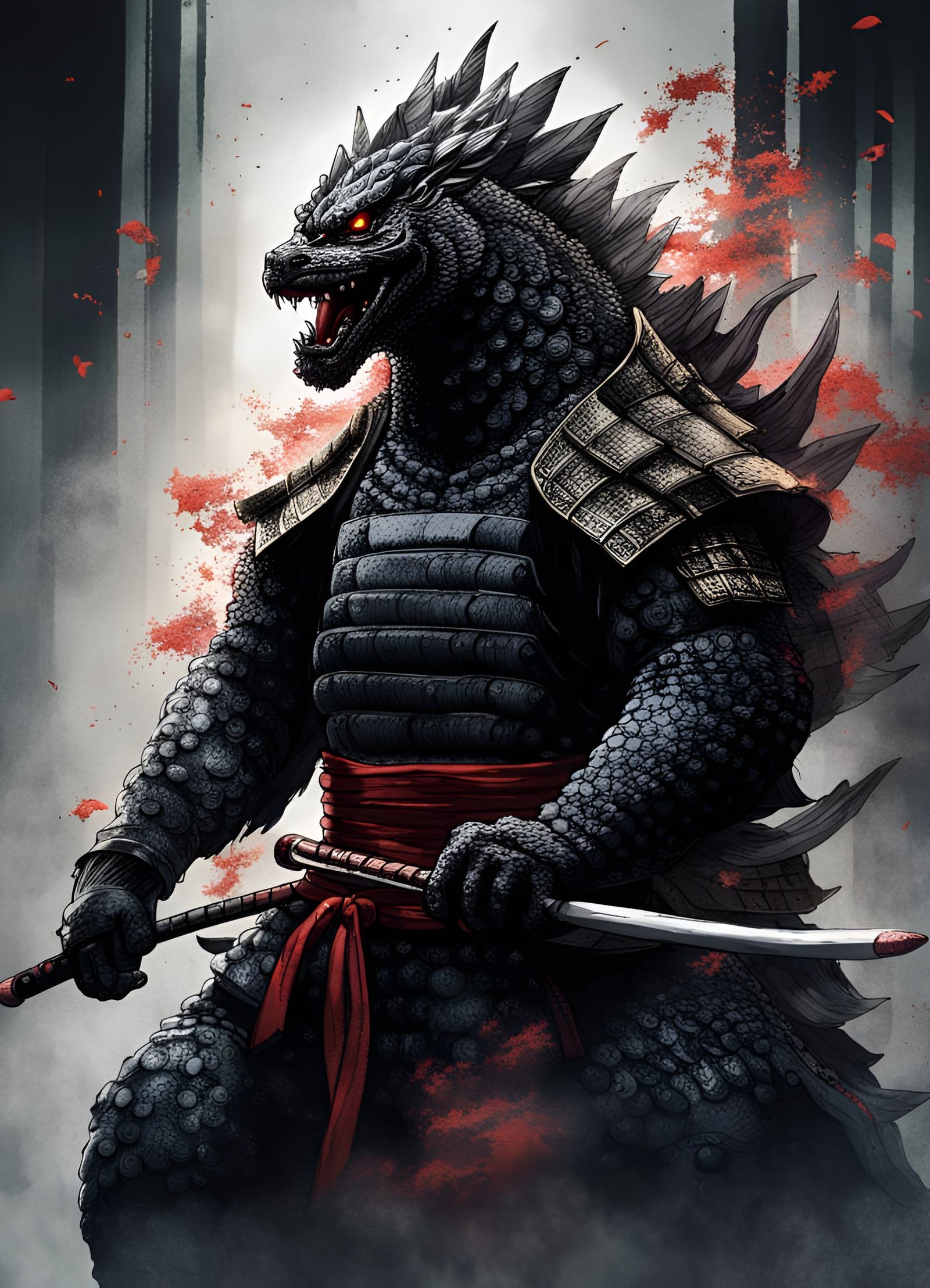 Godzilla Samurai Portrait in Ukiyo-e Style