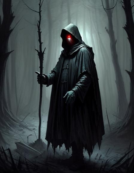 Hooded Figure in Dark Woods: Horror Illustration