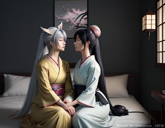 Kitsune Intimacy: Manga-Style Kiss in Serene Bedroom