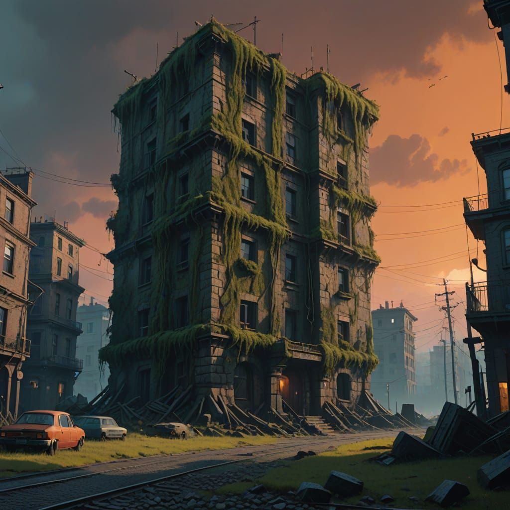 Gothic Post-Apocalyptic Tower in Ruined Cityscape