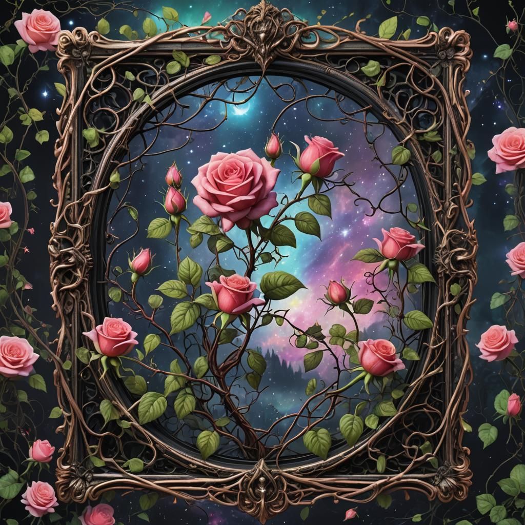 Rose Vines Entwined Around Gothic Frame: Cosmic Illustration