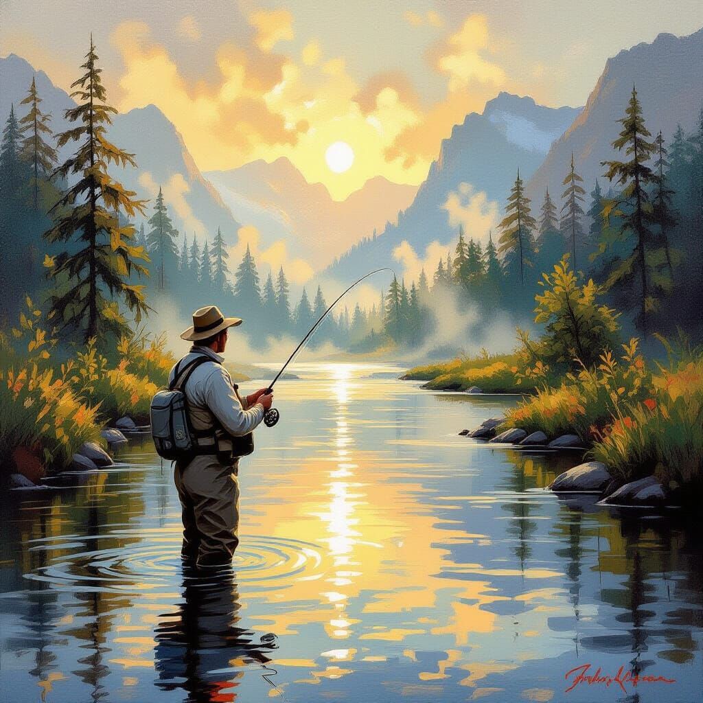 Angler Fly Fishing in Mountain River: Oil Painting